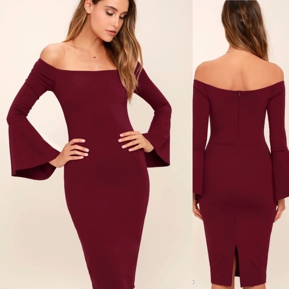 Lulus Dresses & Skirts - Lulu’s All She Wants burgundy off shoulder dress